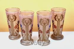 19th Century 4 Frosted, Enamelled & Gilded Glasses Art Nouveau Floral Decor in the style of LEGRAS ART