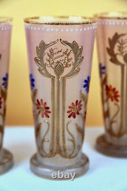 19th Century 4 Frosted, Enamelled & Gilded Glasses Art Nouveau Floral Decor in the style of LEGRAS ART