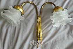 2 Wall Lights from the 1920s in Art Nouveau Style, Gilded Bronze and Frosted Glass Tulips