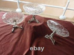 3 Compote Cups Pitements Art Nouveau, Noodle Style, Glass And Silver Metal