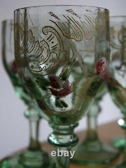 6 Ancient Crystal Liquor Glasses Flowers Emaille Art New Style Legras