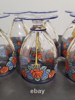 6 enameled crystal glasses Art Nouveau decoration flowers Legras style