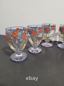 6 enameled crystal glasses Art Nouveau decoration flowers Legras style