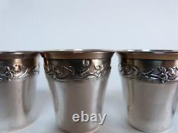 6 solid silver liqueur cups Minerva art nouveau iris style 1900.