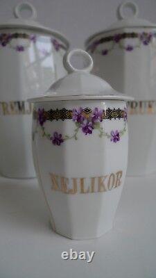 7 Violet Art Nouveau Porcelain Reservoir Boxes with Twisted Vine Style