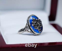 800 Ancient Art Nouveau Glass and Marcasite Silver Ring