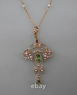 9906022-ds 925er Red Gold Art Nouveau Style Necklace with Peridot, Ruby, and Pearl