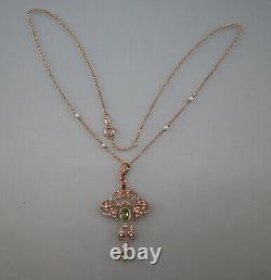 9906022-ds 925er Red Gold Art Nouveau Style Necklace with Peridot, Ruby, and Pearl