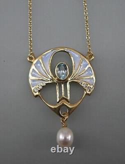 9906028 925 Silver Gold Plated Art Nouveau Style Necklace with Blue Topaz Enamel