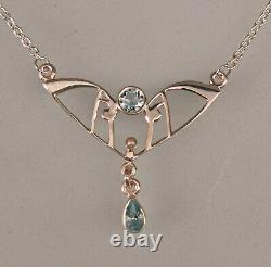 9906052-ds 925 Silver Art Nouveau Style Necklace with Aquamarine and Pearls