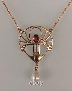 9906053-ds 925er Red Gold Art Nouveau Style Garnet Pearl Necklace