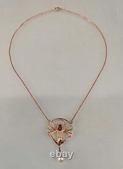 9906053-ds 925er Red Gold Art Nouveau Style Garnet Pearl Necklace