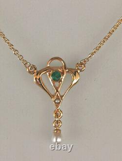 9906055-ds 925 Sterling Silver Gold Plated Art Nouveau Style Necklace with Emerald and Pearl