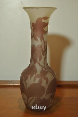 Acid-etched glass vase decorated in Art Nouveau style with iris flower