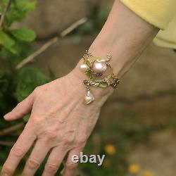 Adjustable Art Nouveau Bracelet with Green Leaf, Baroque Pearl, Vintage Rose Style QD12