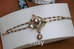 Adjustable Art Nouveau Bracelet with Green Leaf, Baroque Pearl, Vintage Rose Style QD12