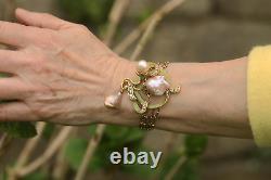 Adjustable Art Nouveau Bracelet with Green Leaf, Baroque Pearl, Vintage Rose Style QD12