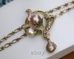 Adjustable Art Nouveau Bracelet with Green Leaf, Baroque Pearl, Vintage Rose Style QD12