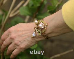 Adjustable Art Nouveau Bracelet with Green Leaf, Baroque Pearl, Vintage Rose Style QD12