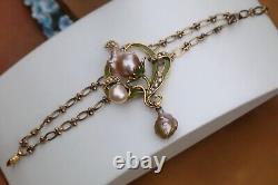 Adjustable Art Nouveau Bracelet with Green Leaf, Baroque Pearl, Vintage Rose Style QD12