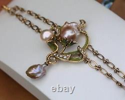 Adjustable Art Nouveau Bracelet with Green Leaf, Baroque Pearl, Vintage Rose Style QD12