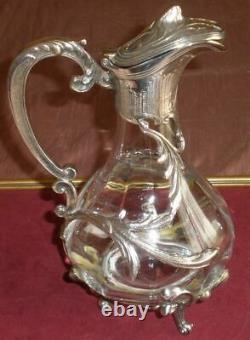 Aiguière 1900 In Glass And Silver Metal Style Louis XV / Rococo Qqs Stripes