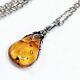 Amber Droplet Necklace 60's Set In Art Nouveau Style On 925 Silver Chain