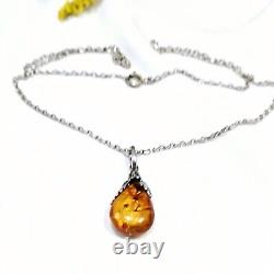 Amber Droplet Necklace 60's Set in Art Nouveau Style on 925 Silver Chain