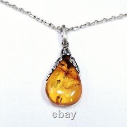 Amber Droplet Necklace 60's Set in Art Nouveau Style on 925 Silver Chain