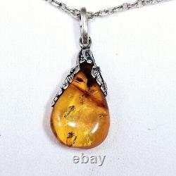 Amber Droplet Necklace 60's Set in Art Nouveau Style on 925 Silver Chain