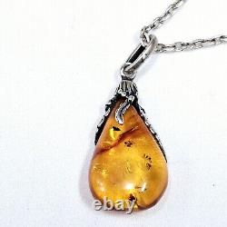 Amber Droplet Necklace 60's Set in Art Nouveau Style on 925 Silver Chain