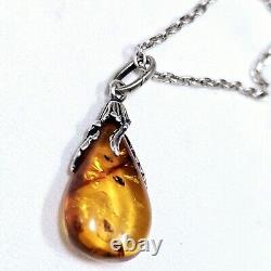 Amber Droplet Necklace 60's Set in Art Nouveau Style on 925 Silver Chain