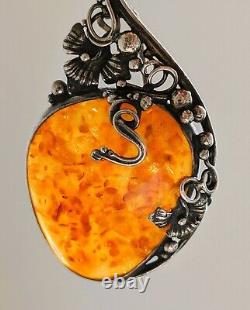 Amber and silver Art Nouveau vintage brooch artisan craft Poland circa 1990