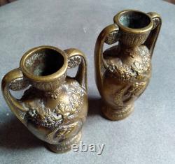 Ancient bronze amphora VASES in EMPIRE style with WOMAN medallion and LAUREL relief design