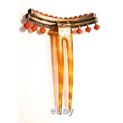 Antique Art Nouveau Hair Comb, 800 Silver Comb, with Coral & White Pearls