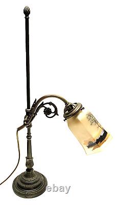 Antique Bronze Desk Lamp Art Nouveau Style Enamelled Tulip (LEGRAS)