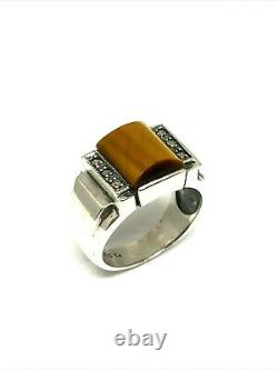 Art Deco Style Silver Ring, Tiger Eye And Marcassite, Adjustable Size