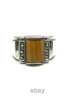 Art Deco Style Silver Ring, Tiger Eye And Marcassite, Adjustable Size