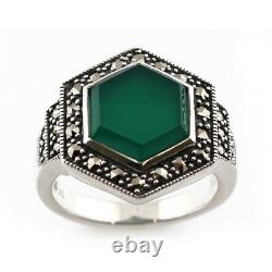 Art Deco-style Silver Ring With Green Agate And Marcassite
