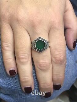 Art Deco-style Silver Ring With Green Agate And Marcassite