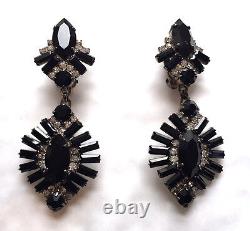 Art Deco style baguette jet and transparent crystal CLIP ON earrings new