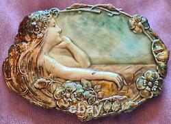 Art Nouveau Belt Buckle / 1900 Woman Flower Mucha Style Copper Enamel Painting