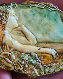 Art Nouveau Belt Buckle / 1900 Woman Flower Mucha Style Copper Enamel Painting