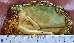 Art Nouveau Belt Buckle / 1900 Woman Flower Mucha Style Copper Enamel Painting