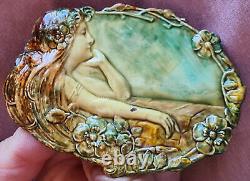 Art Nouveau Belt Buckle / 1900 Woman Flower Mucha Style Copper Enamel Painting