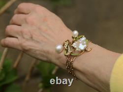 Art Nouveau Bracelet Green Leaf White Baroque Pearl Vintage Style QD12