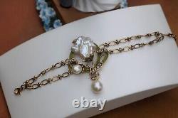 Art Nouveau Bracelet Green Leaf White Baroque Pearl Vintage Style QD12