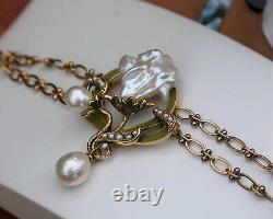 Art Nouveau Bracelet Green Leaf White Baroque Pearl Vintage Style QD12