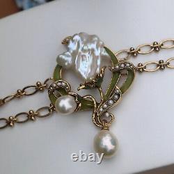 Art Nouveau Bracelet Green Leaf White Baroque Pearl Vintage Style QD12