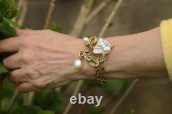 Art Nouveau Bracelet Green Leaf White Baroque Pearl Vintage Style QD12